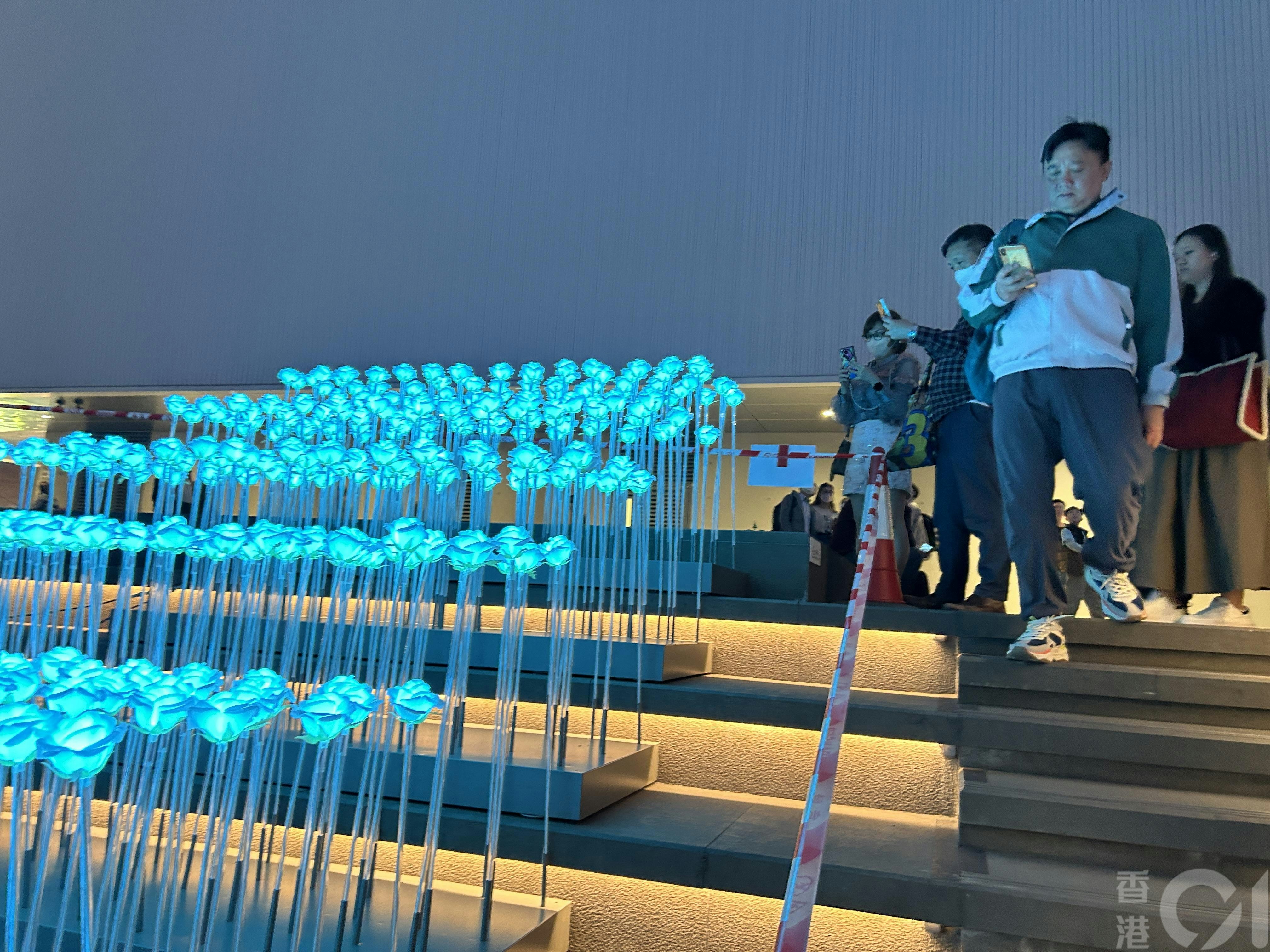 东九文化中心LED白玫瑰花海3月20日曝光被指似灵堂，晚上7时许进行试灯，可见变成一片蓝花海，吸引路经市民拍摄。（罗国辉摄）