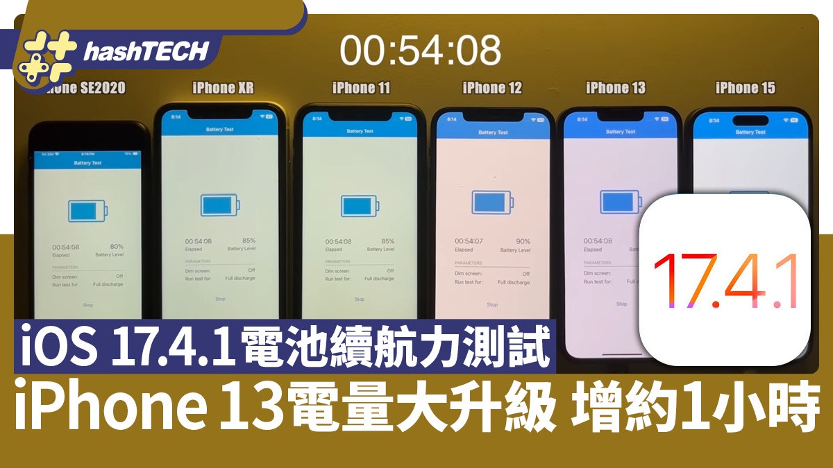 iOS17.4.1電池續航力測試｜iPhone13電量大升級！續航力增約1小時 - 香港01