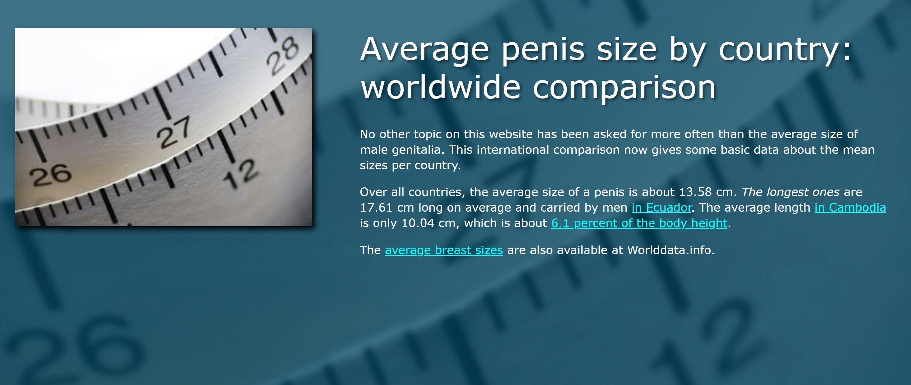 外国数据机构公布全球88地区男性阴茎平均尺寸（worlddata.info）