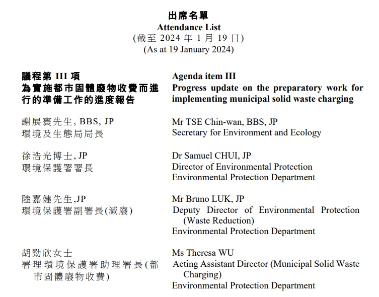 翻查今年1月22日立法会环境事务委员会会议的出席名单，才有列明胡劲欣是署理环保署助理署长。（文件截图）