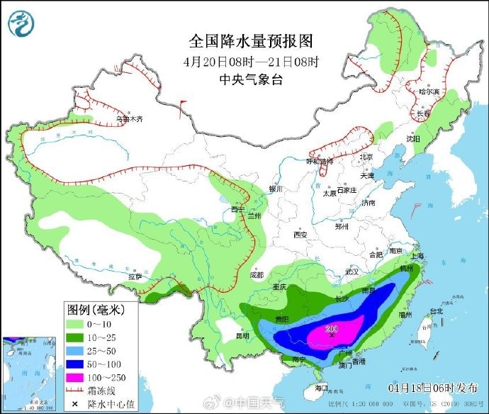 中国气象台官方帐号「中国天气」提醒，20日前后，南方将迎来这轮降雨鼎盛时段，尤其华南将出现大片大暴雨区域，这也将是华南地区今年来最强降雨。。（中国天气）