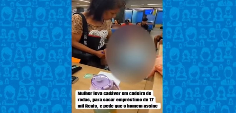 巴西女子努涅斯（Erika de Souza Vieira Nunes）用轮椅推着68岁的叔叔布拉加（Roberto Braga）前往银行办理手续并试图领取贷款，却被发现他早已身亡。图中可见女子拉着了无生气的叔叔的手，画面骇人。