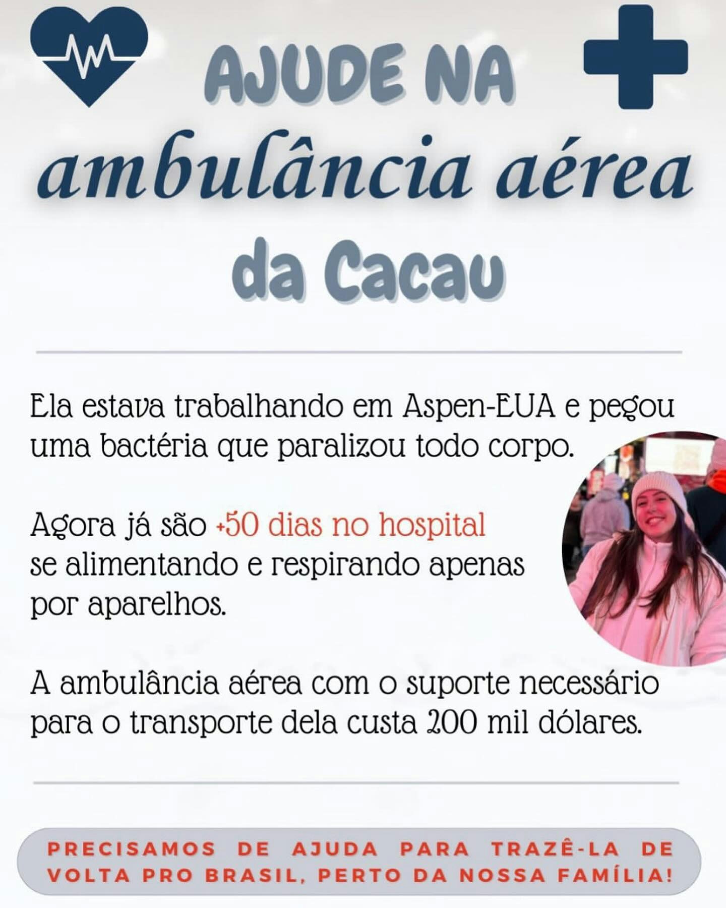 克劳蒂亚的妹妹在姐姐的IG上分享此事，并恳求粉丝及网友们捐助，以负担昂贵医疗费用（IG@cacau_albuquerque）