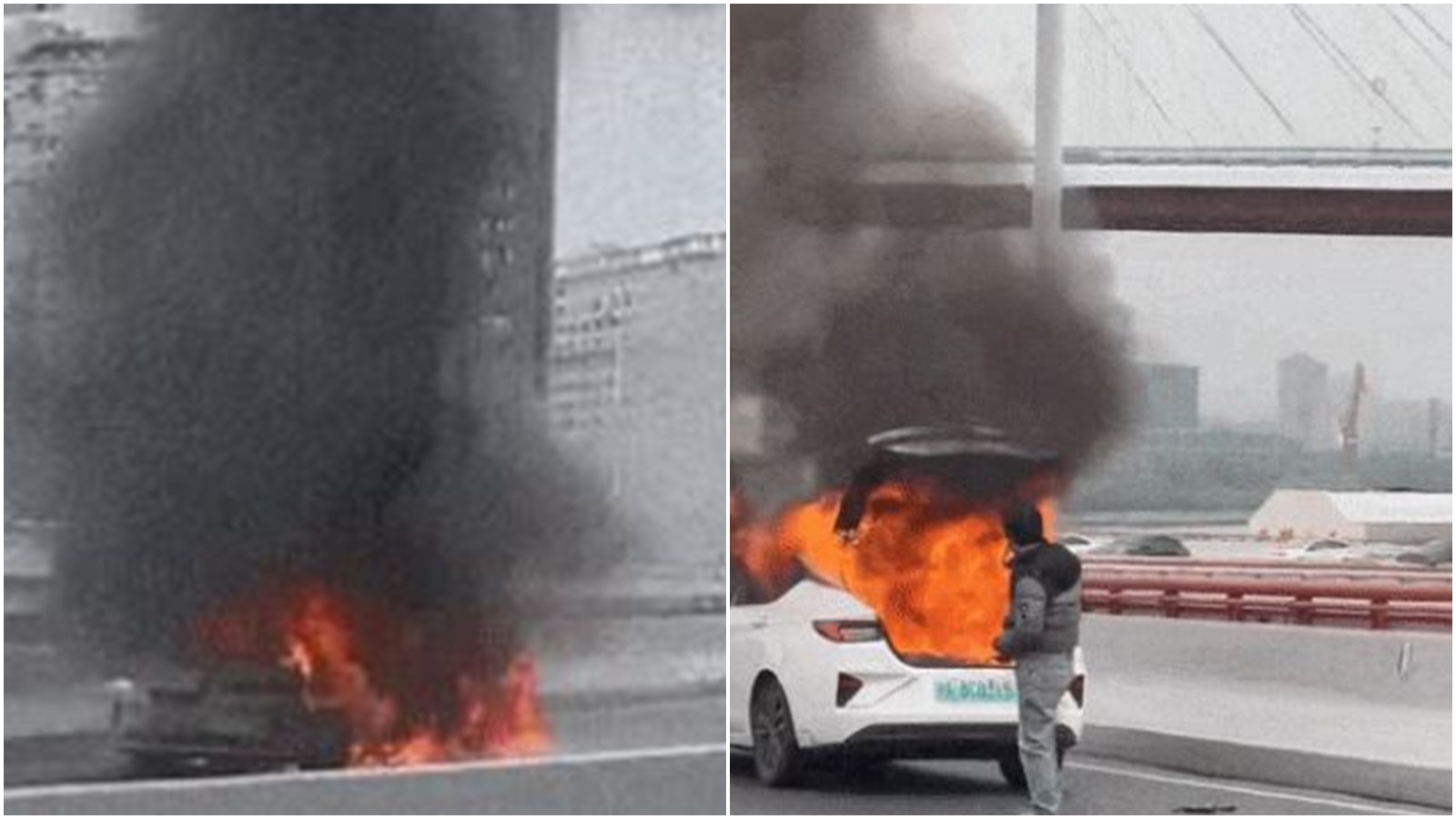 上海一新能源车大桥上起火烧成空壳 1人受伤送医