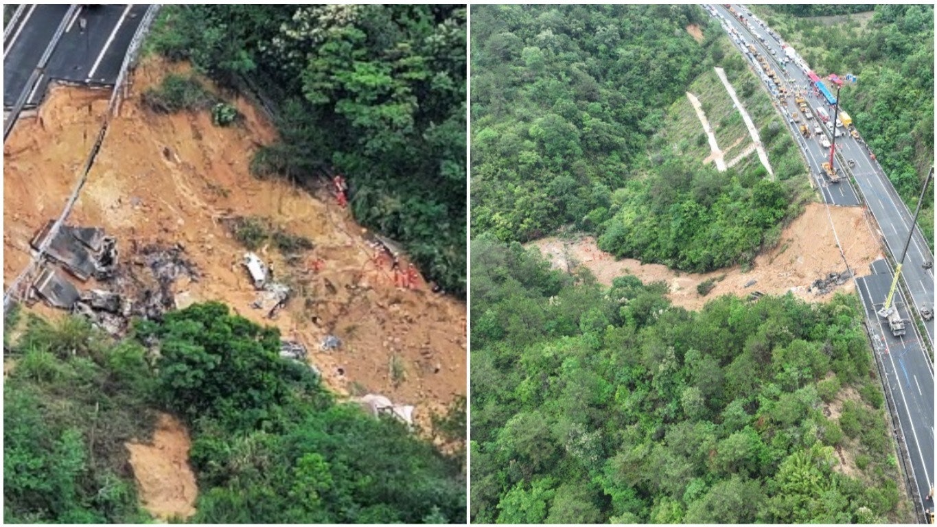 梅龍高速路陷|新華社發高清航拍圖 大段路面向山坡下垮塌成巨坑 梅龍高速路陷|新華社發高清航拍圖 大段路面向山坡下垮塌成巨坑