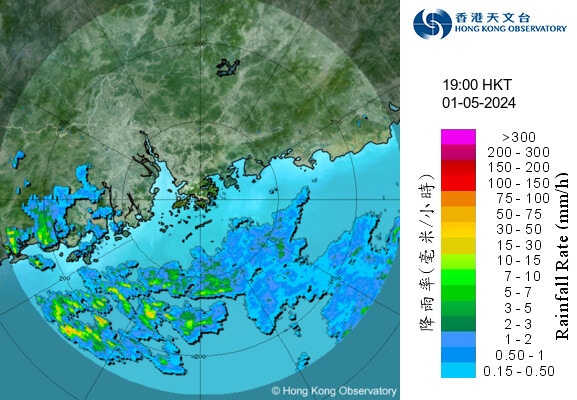 天文台5月1日晚上7时雷达图显示，本港四周并无雨云。（天文台图片)