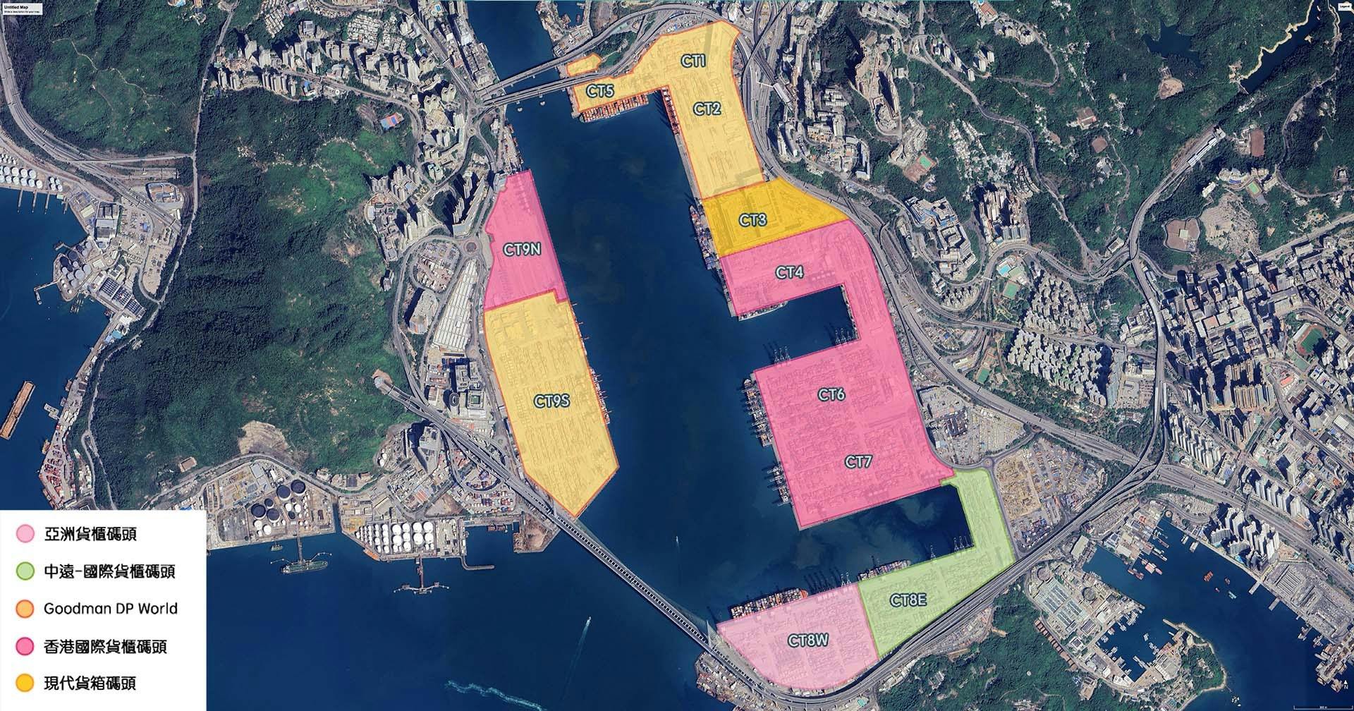 葵青货柜码头分布。（Google Earth / 香港海运及港口局）
