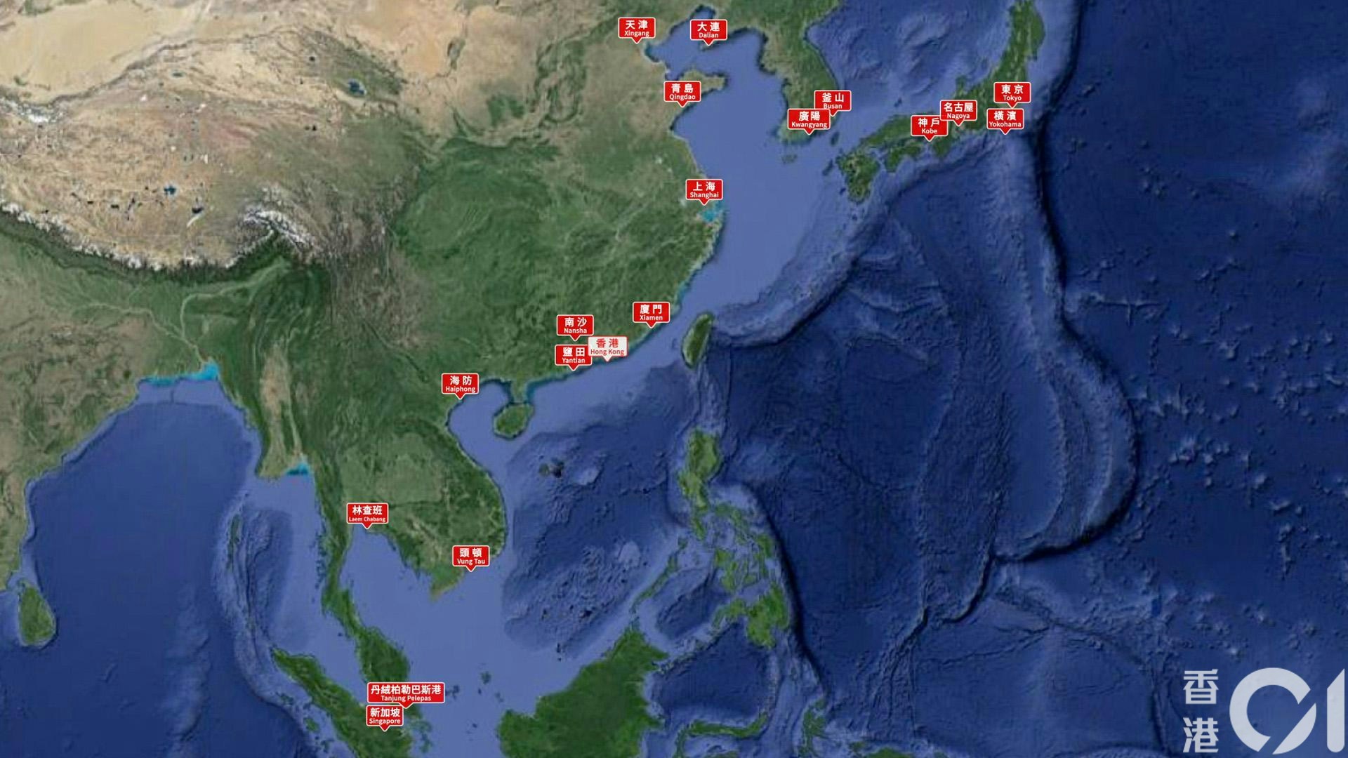 最大营运商「马士基」（Maersk）新组建的「Gemini」（双子座）联盟，将香港从「直接靠岸停泊深水港」名单剔除，名单有18个亚洲港口。（香港01制图）