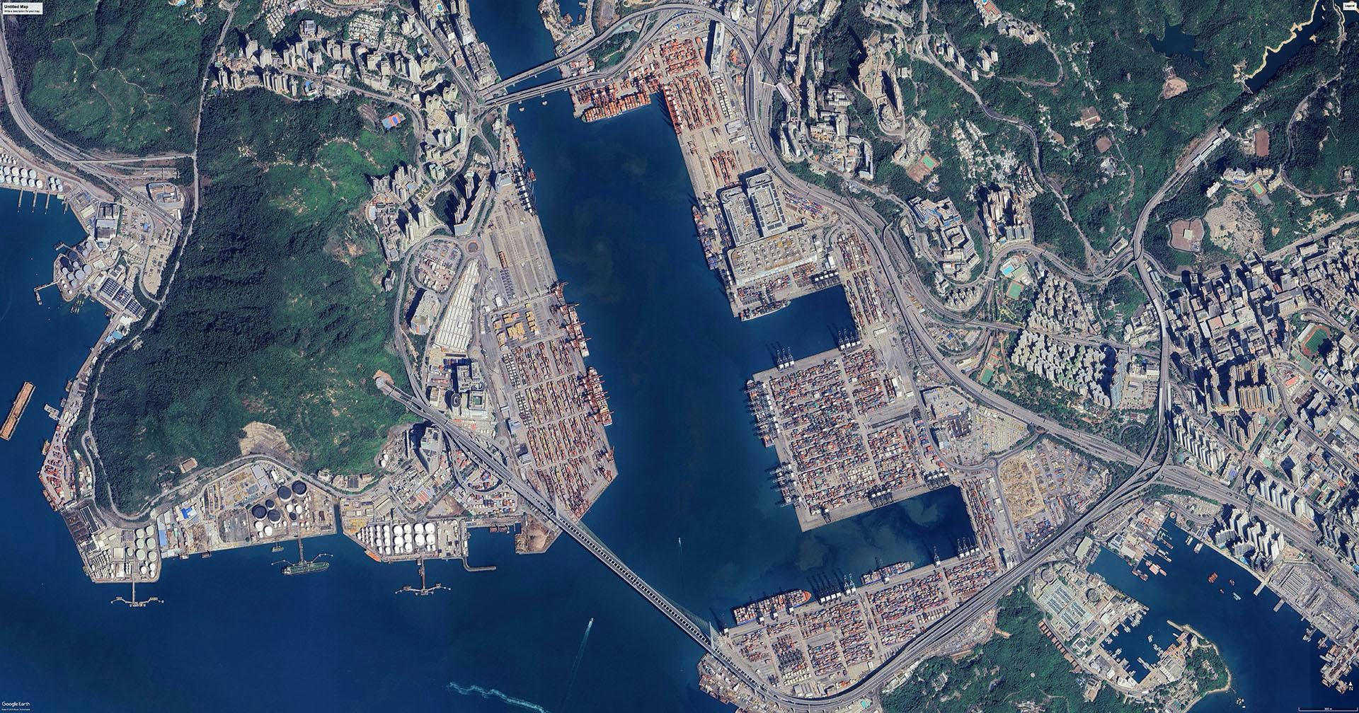 2024年2月，香港葵青货柜码头卫星图。（Google Earth）