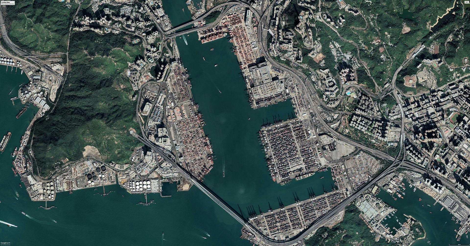 2019年12月，香港葵青货柜码头卫星图。（Google Earth）