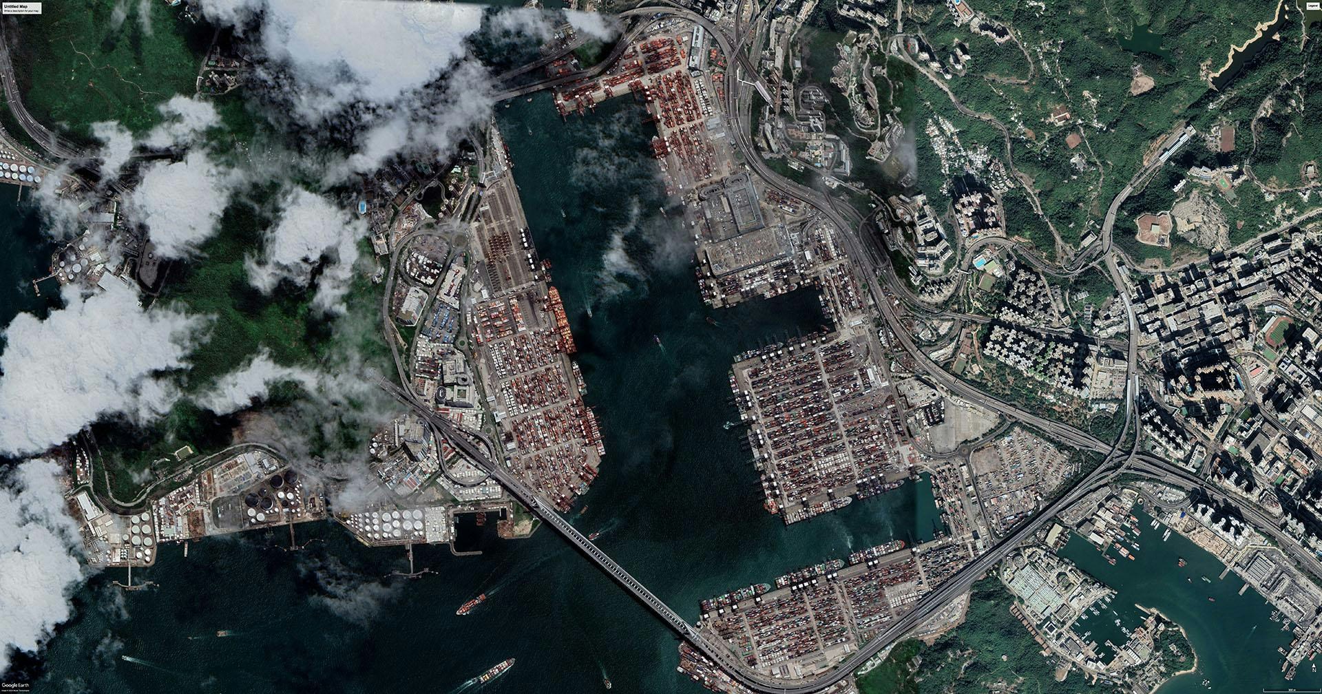 2020年6月，香港葵青货柜码头卫星图。（Google Earth）