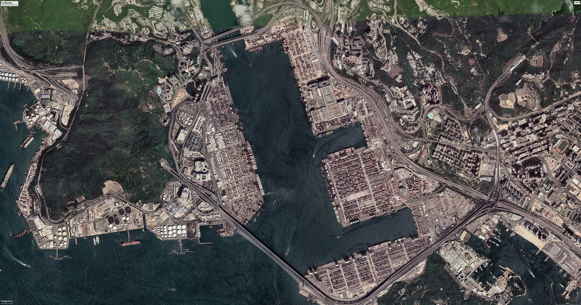 2018年4月，香港葵青货柜码头卫星图。（Google Earth）