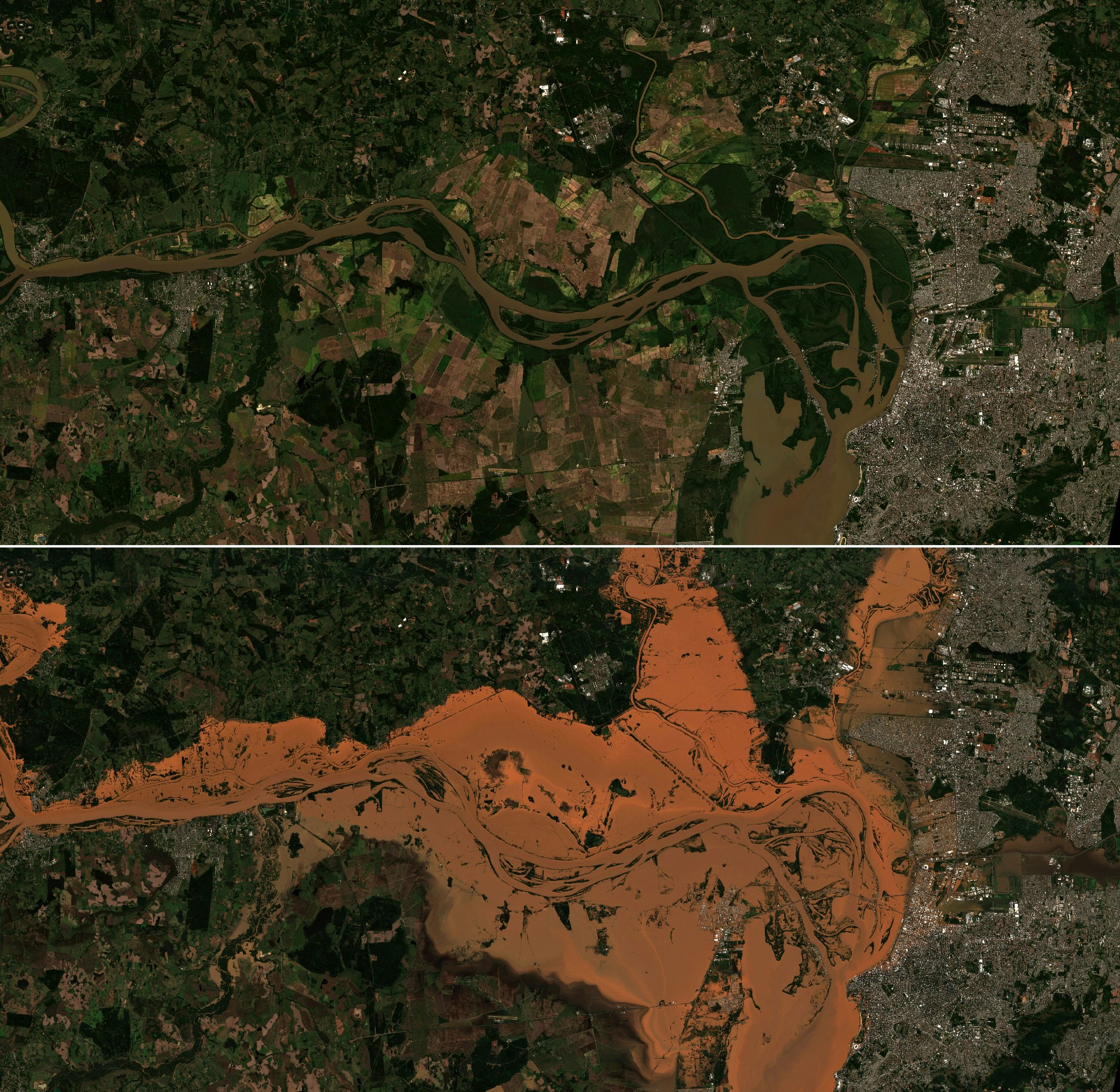 此為合併圖片。上圖：4月21日，巴西阿列格雷港（Porto Alegre）水浸之前的衛星圖片。下圖：5月6日，巴西阿列格雷港在暴雨下河流泛濫的衛星圖片。（European Union/Copernicus Sentinel-2 via 路透社）