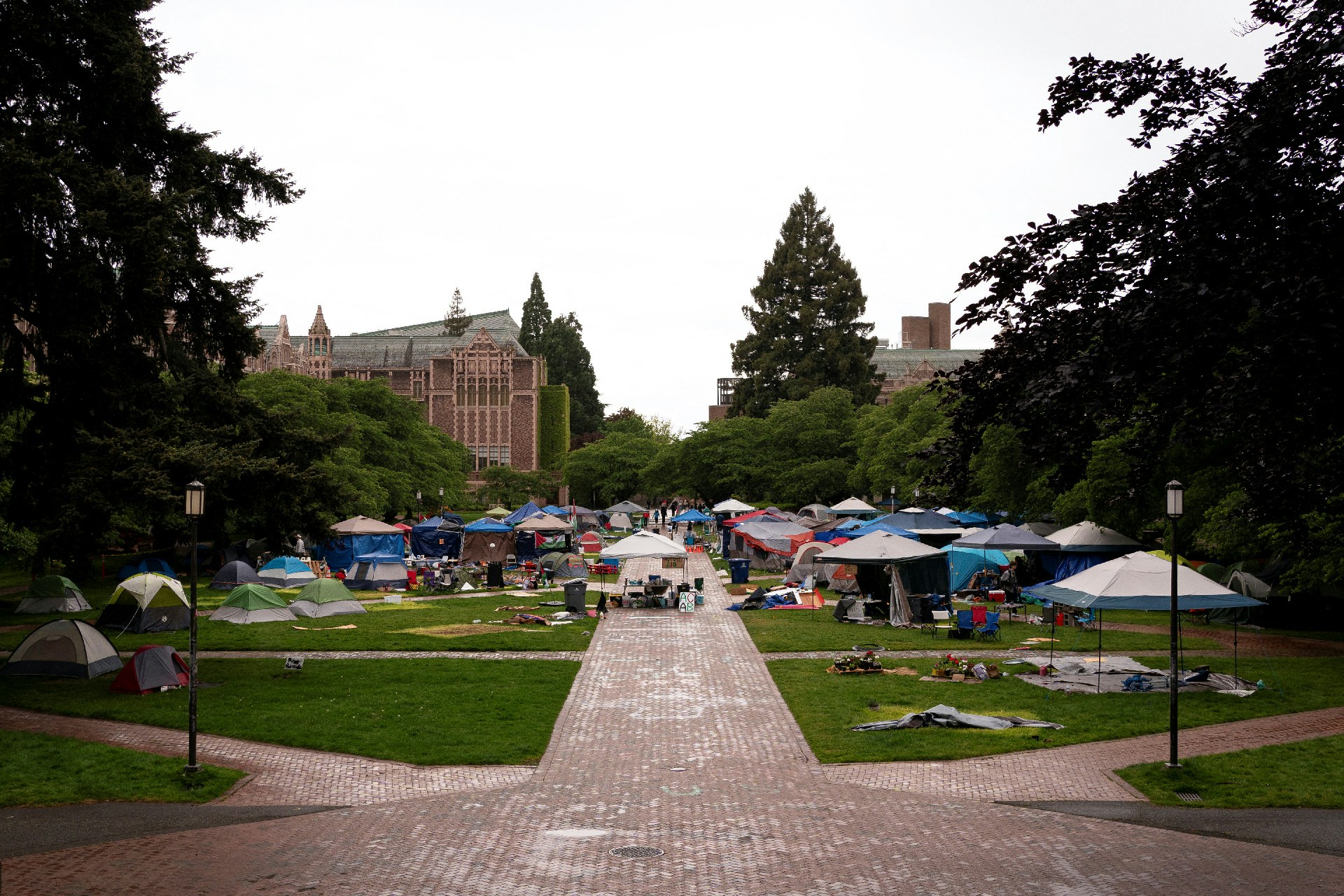 5月18日，美國西雅圖（Seattle），華盛頓大學（University of Washington）四方廣場（the Quad），「撐巴」示威人士在草地紮營，但隨着學生領袖跟校方達成協議，開始有人收拾物品撤離。（David Ryder／路透社）