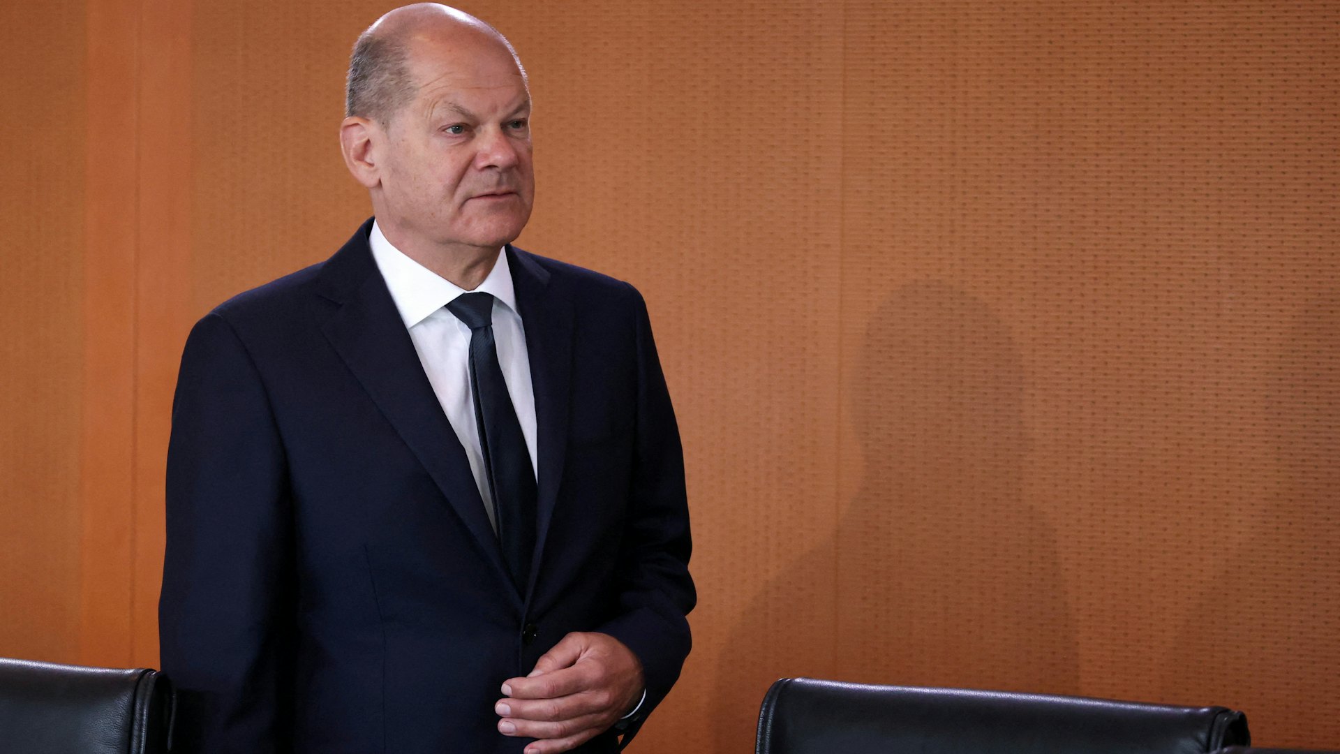 德國總理朔爾茨2024年5月22日在柏林出席每週例行內閣會議。(Reuters)