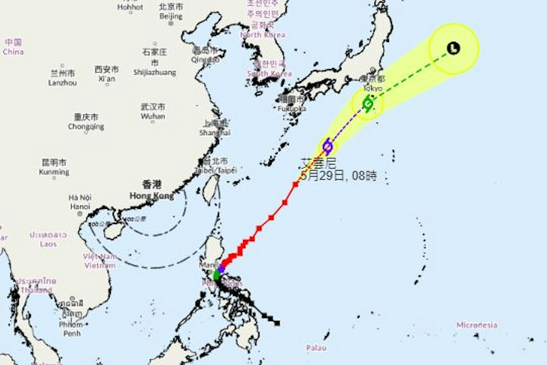 天文台表示,颱風艾雲尼將會橫過日本以南海域。(天文台) 天文台表示,颱風艾雲尼將會橫過日本以南海域。(天文台)