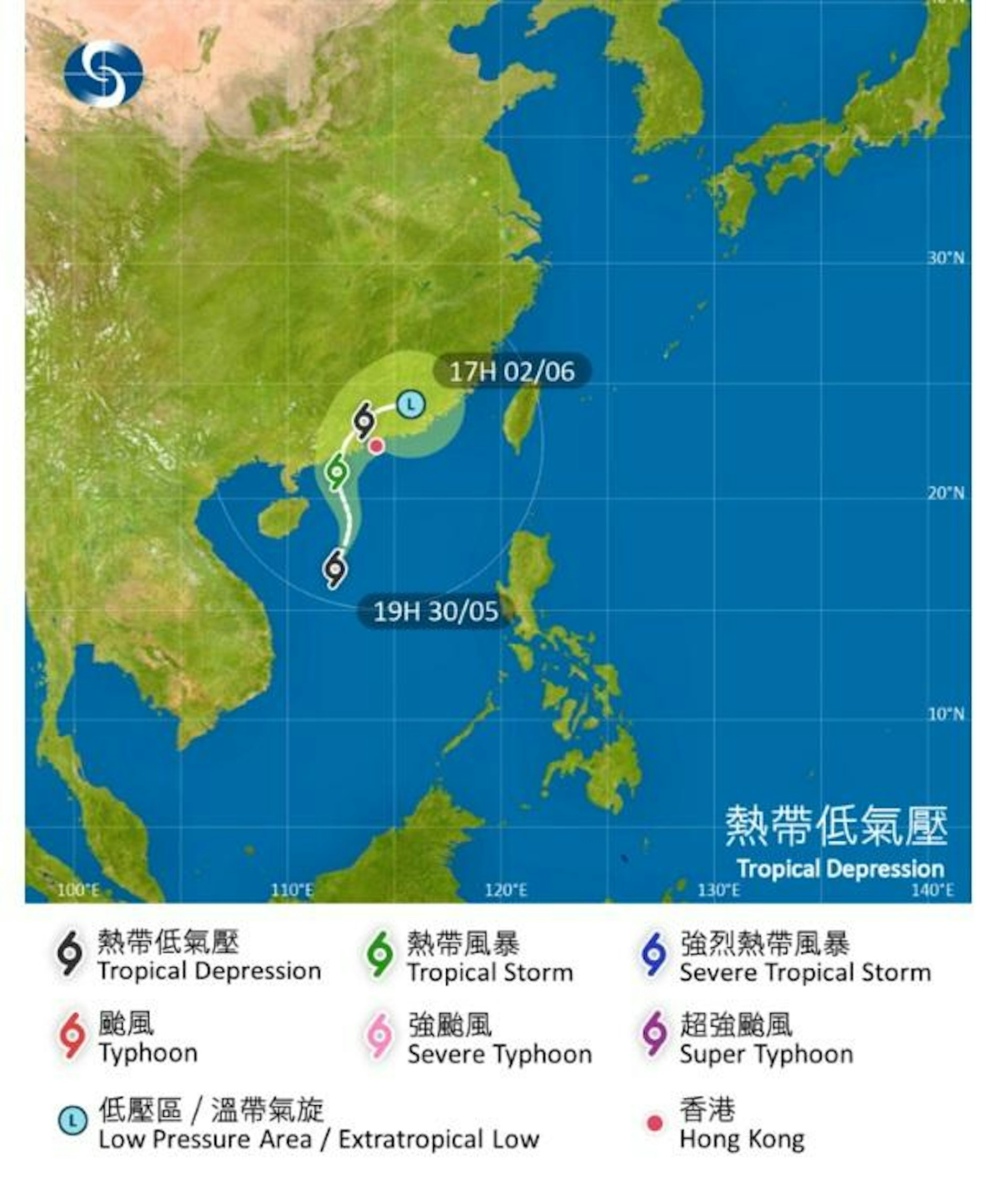 天文台今日(30日)下午7時的熱帶氣旋位置。(天文台圖片) 天文台今日(30日)下午7時的熱帶氣旋位置。(天文台圖片)