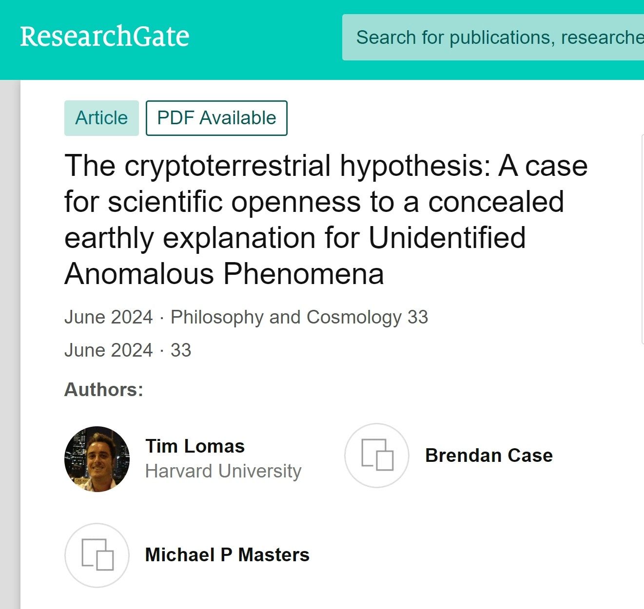 哈佛大學科學家提姆洛瑪斯和研究團隊在《哲學與宇宙學》期刊提出「外星人」可能一直住在地球上的理論。（ResearchGate）