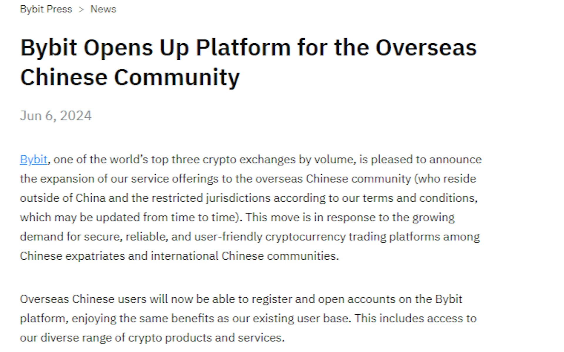 被視為全球第三大加密貨幣交易所Bybit撤回在港牌照申請1周後,突然公佈允許海外中國用戶註冊。(官網截圖)