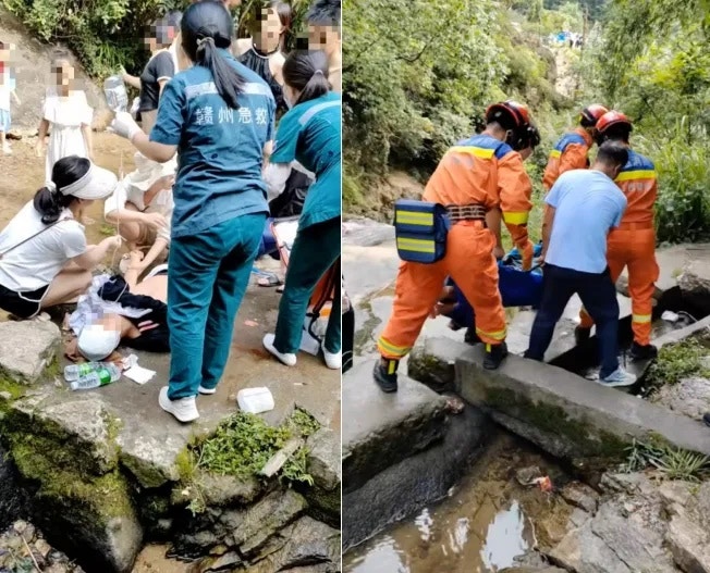 該名男遊客頭纏白布躺在瀑布邊,失去意識,消防救援人員用擔架將他抬走。(新聞晨報)