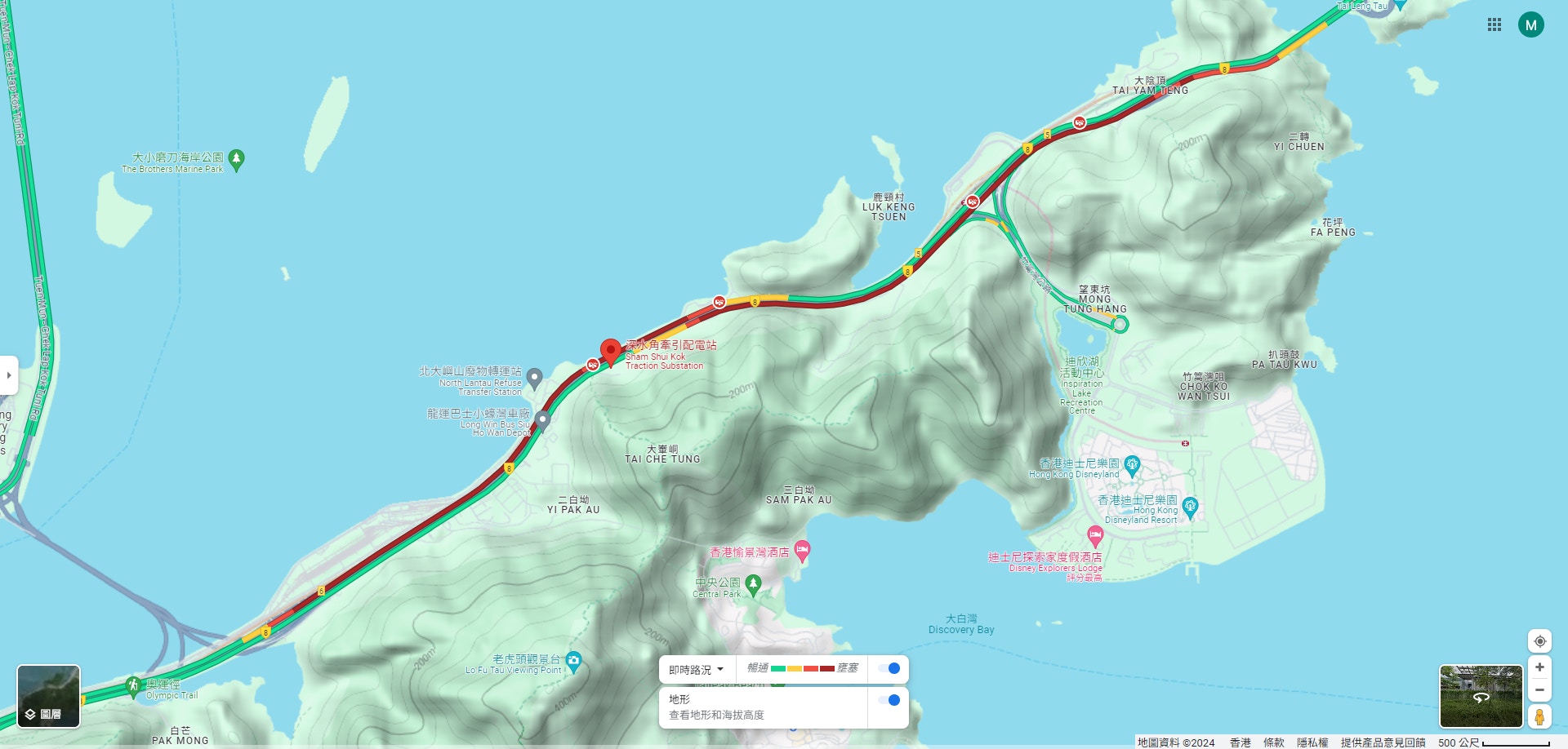 根据Google Map路况图，北大屿山公路来回线交通非常挤塞。（Google Map截图）