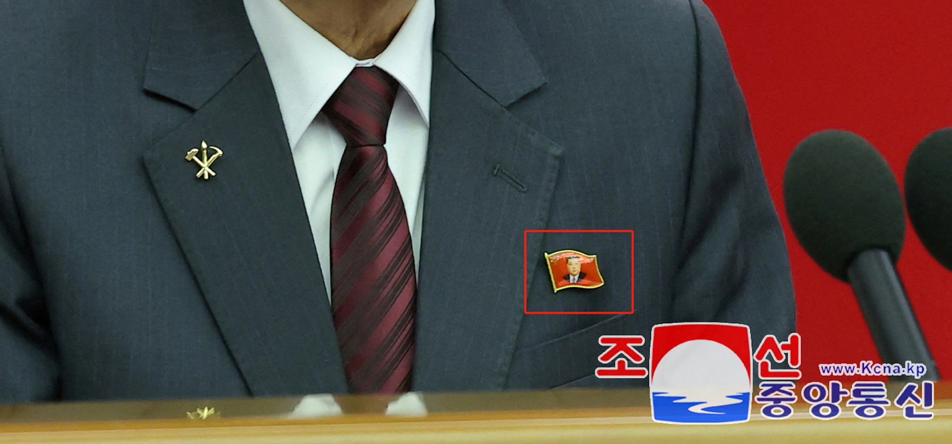 圖為2024年6月28日,朝鮮平壤,一名朝鮮官員會議中佩戴印有領導人肖像的胸針(紅框處)。(KNCA Via Reuters) 圖為2024年6月28日,朝鮮平壤,一名朝鮮官員會議中佩戴印有領導人肖像的胸針(紅框處)。(KNCA Via Reuters)