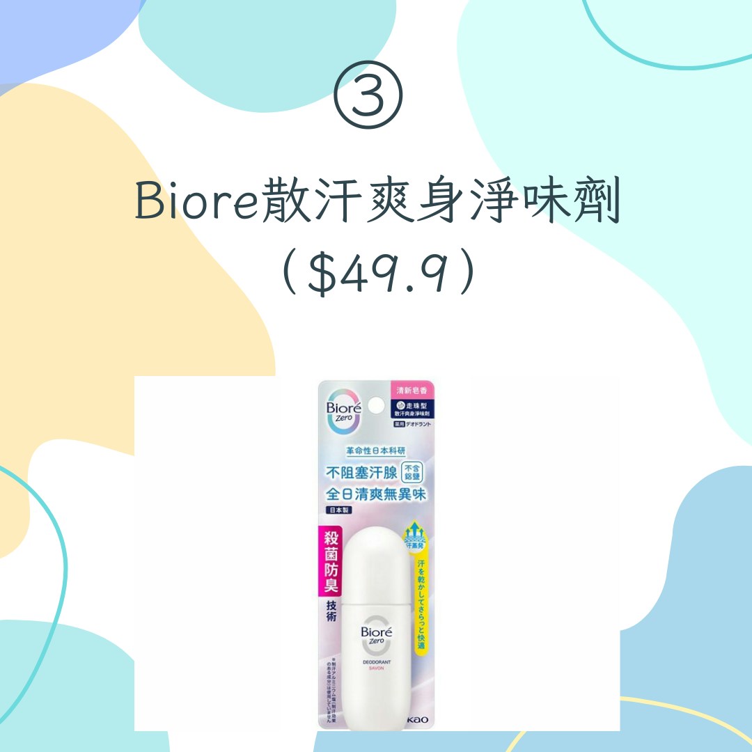 【15款日本藥妝店熱賣止汗商品推介】3. Biore散汗爽身淨味劑，$49.9（Kao花王官網；01製圖）