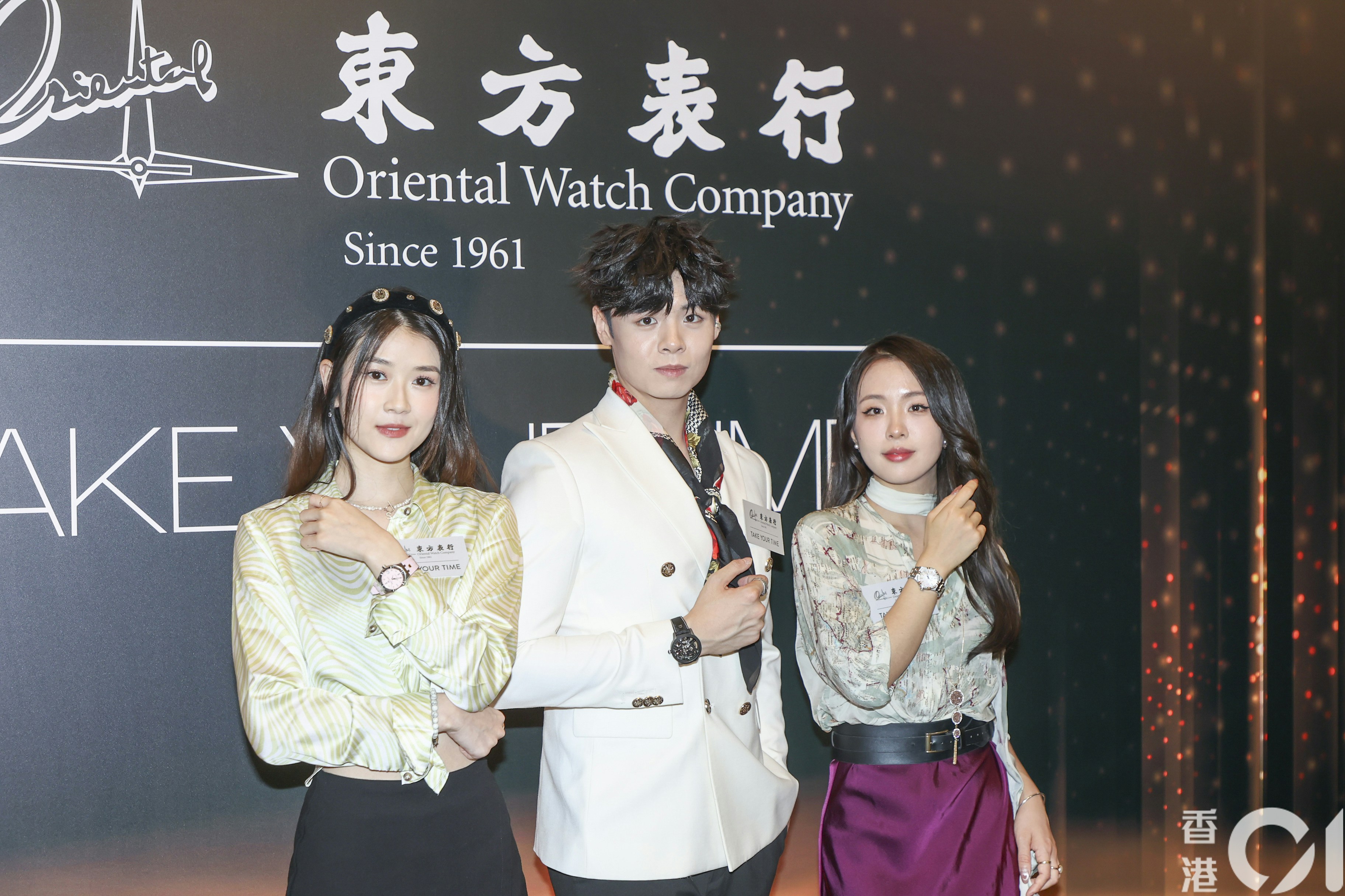 「聲夢小花」之一的潘靜文（Sherman）昨日（9日）與冼靖峰（Archie）及江廷慧出席一個手錶活動。(葉志明 攝)