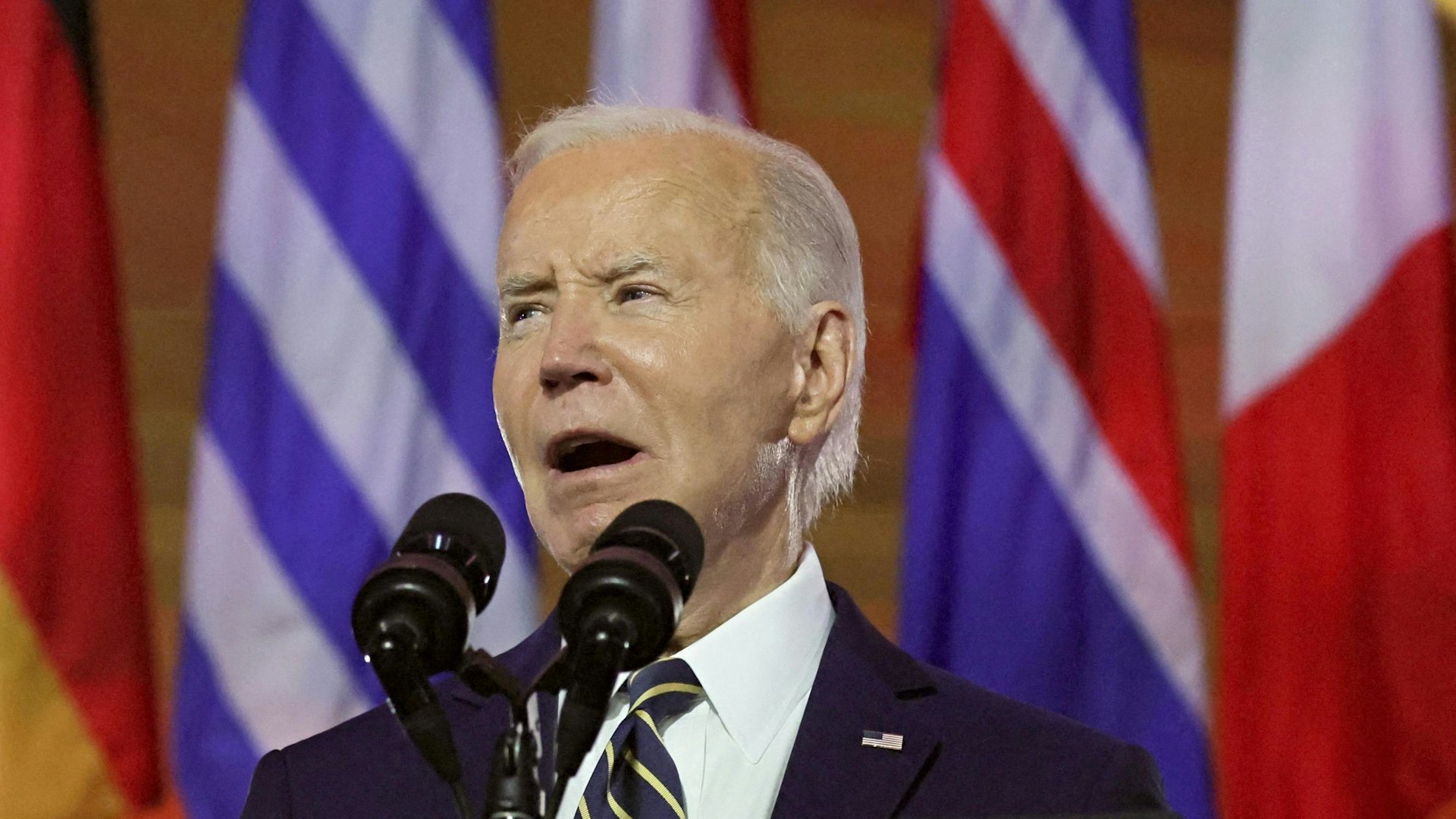 美國總統拜登(Joe Biden)2024年7月9日在北約成立75周年活動上發表演說。照片攝於美國華盛頓。(Reuters) 美國總統拜登(Joe Biden)2024年7月9日在北約成立75周年活動上發表演說。照片攝於美國華盛頓。(Reuters)