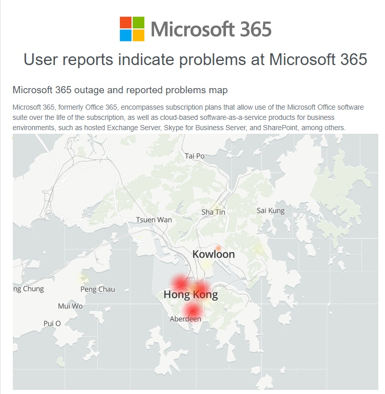 根據DownDetector網站，也有香港用戶報告微軟365服務出現問題（網站截圖）