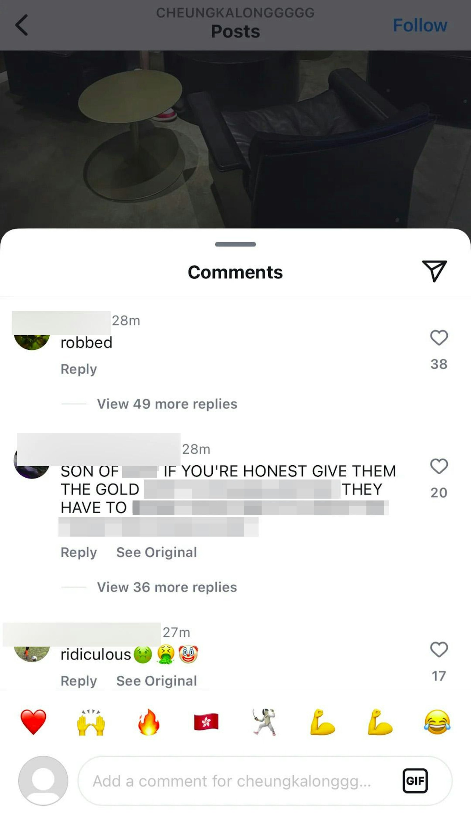 賽後有大批意大利網民到張家朗IG(Instagram)「洗版」。(網上圖片) 賽後有大批意大利網民到張家朗IG(Instagram)「洗版」。(網上圖片)