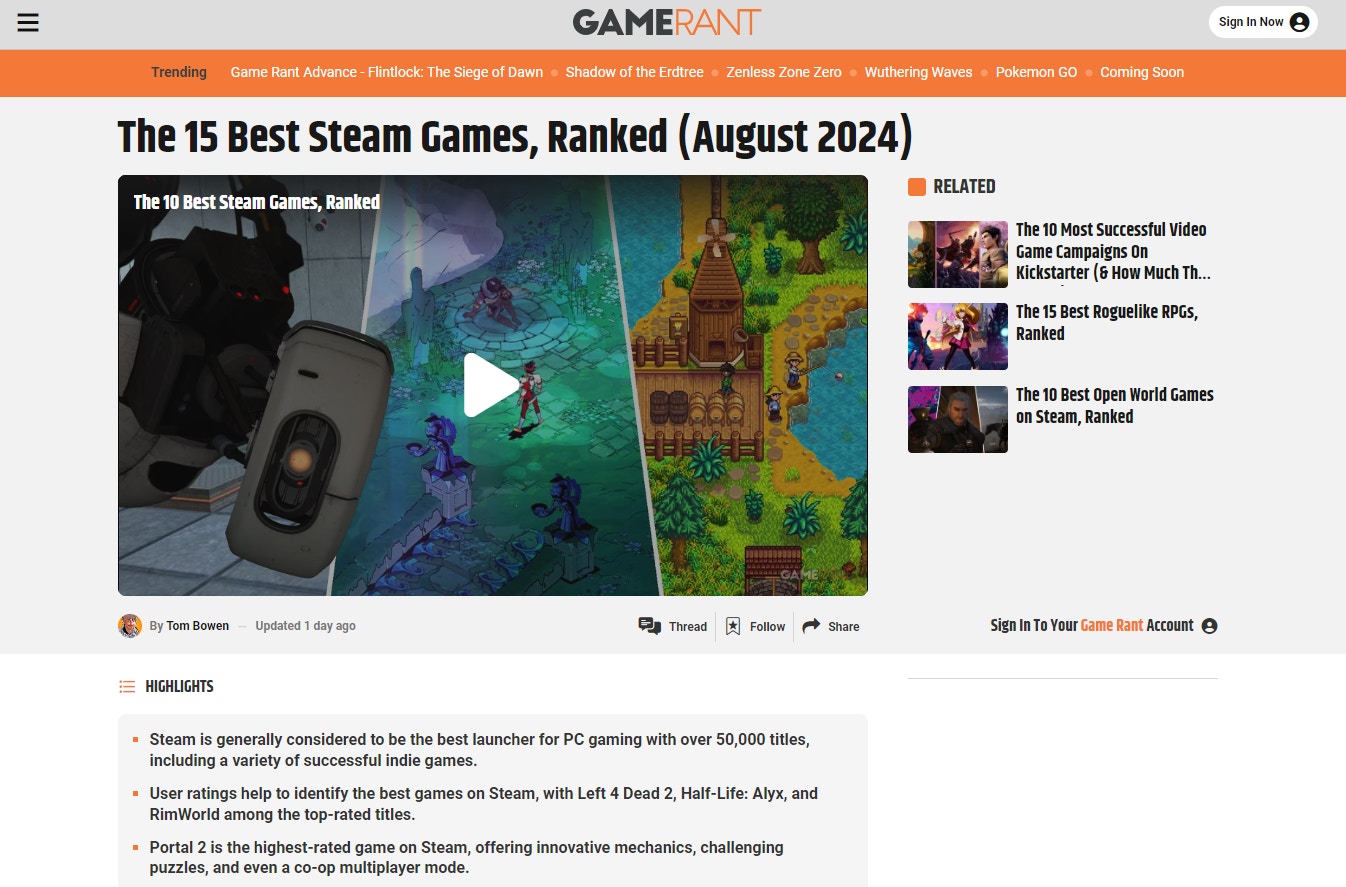 Steam玩家評分最高遊戲排名Top 15｜多款獨立遊戲上榜3A大作無影