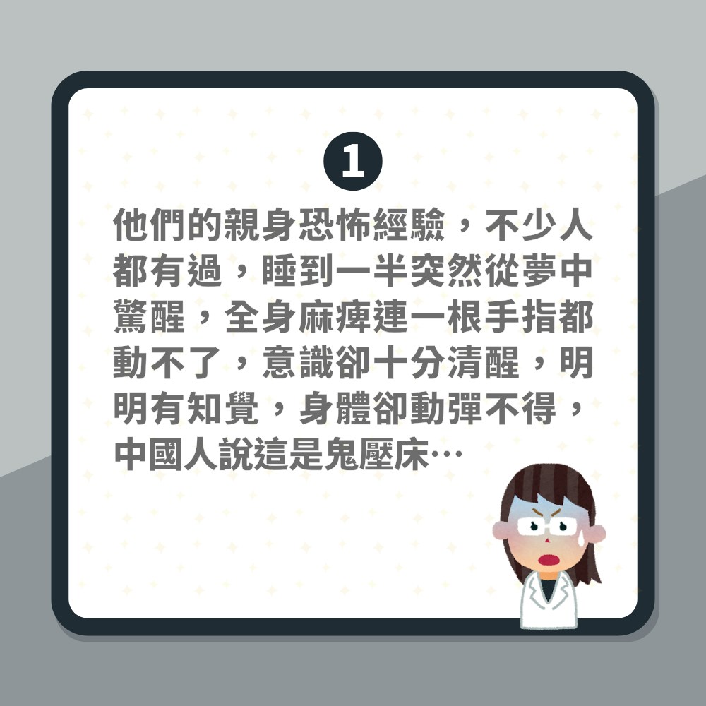 鬼壓床科學解釋｜俾鬼砸撞邪定係有病？醫生拆解迷思：睡眠癱瘓症（01製圖）