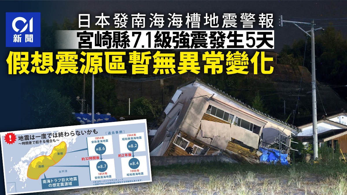 日本發南海海槽地震警報　假想震源區暫沒異常變化