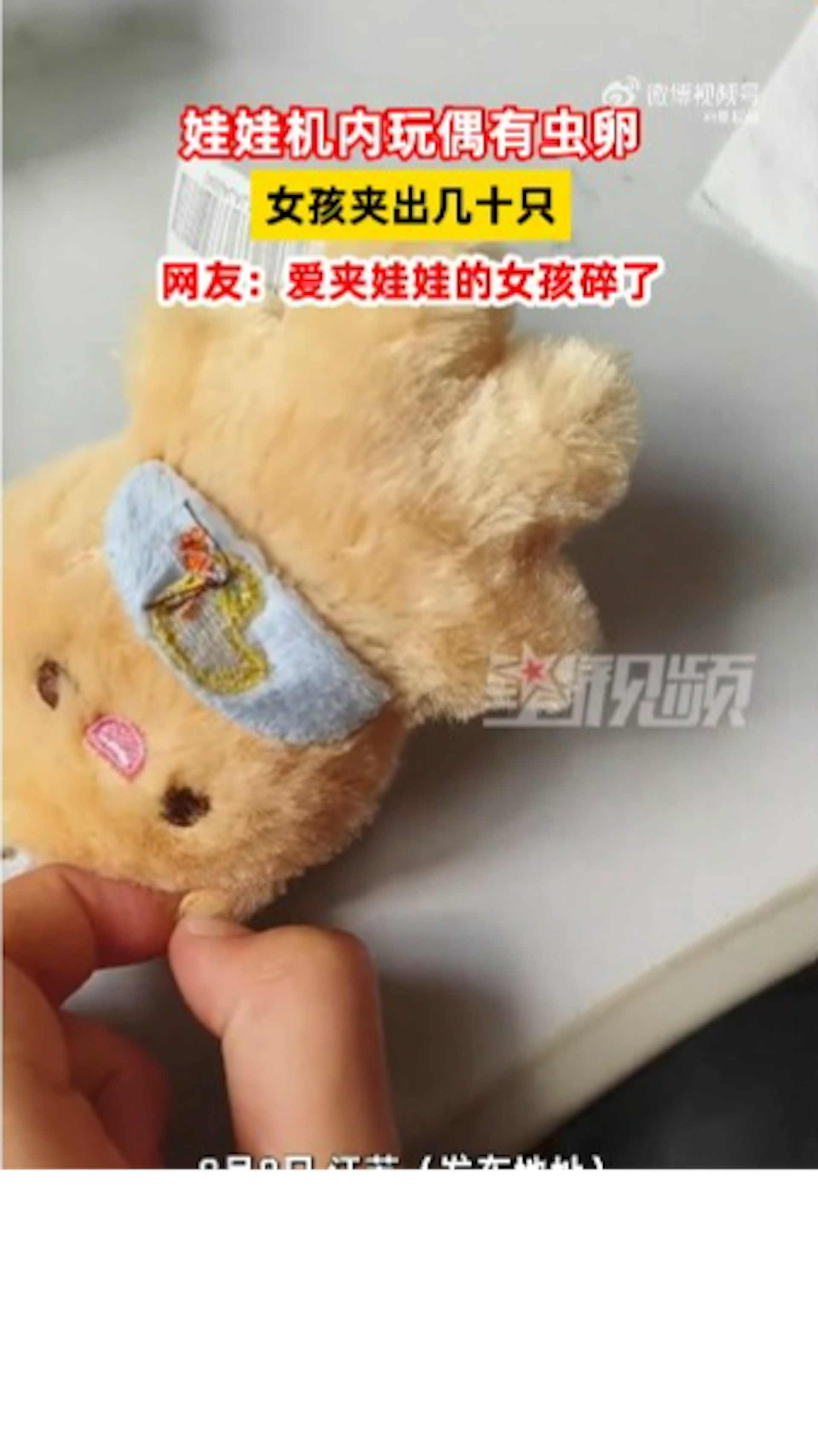 一個爸爸帶女兒去玩夾公仔機,但他們及後發現公仔裏藏了好多蟲卵。(微博截圖 / @星視頻) 一個爸爸帶女兒去玩夾公仔機,但他們及後發現公仔裏藏了好多蟲卵。(微博截圖 / @星視頻)