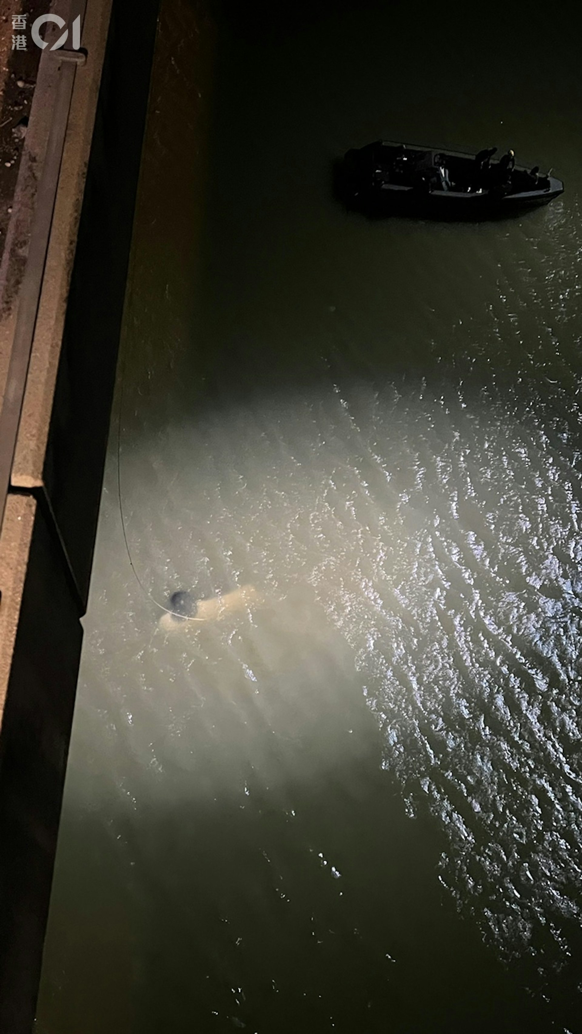 涉事車輛跌落海中,墜落海底。飛行服務隊直升機開射燈協助營救。(李家傑攝)