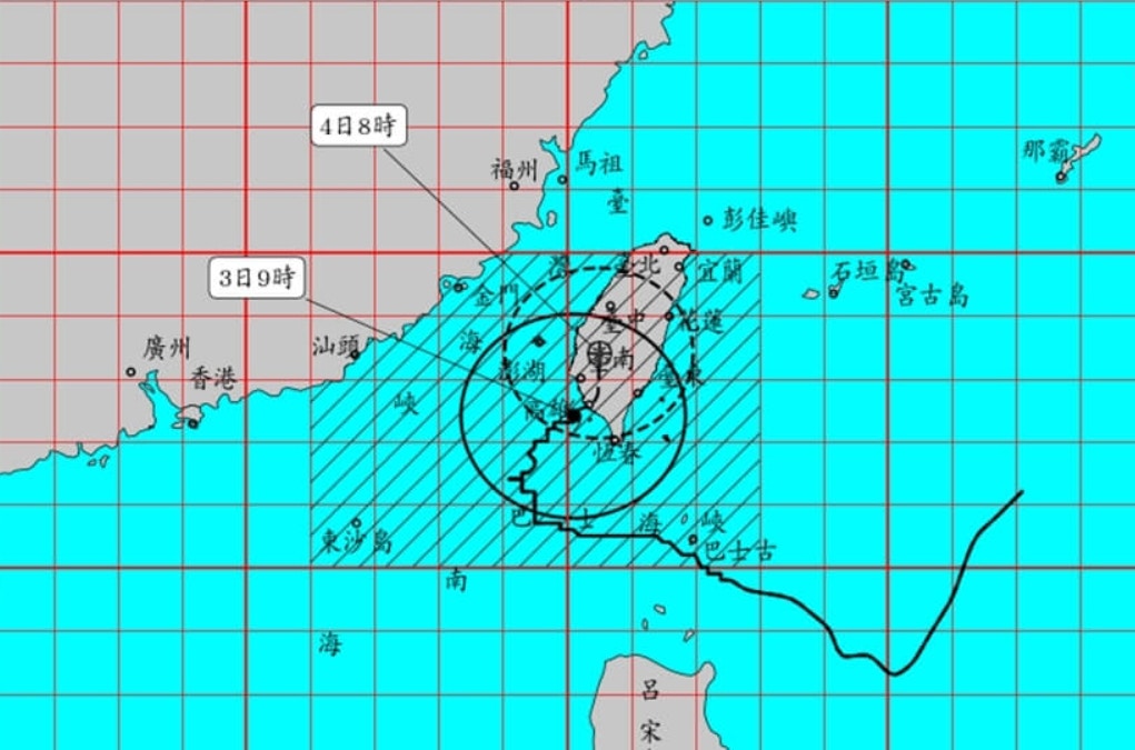 據台灣的中央氣象署3日（周四）最新觀測，颱風山陀兒強度減弱且暴風圈縮小，預測颱風中心中午前後在台灣南部登陸。（中央氣象署）