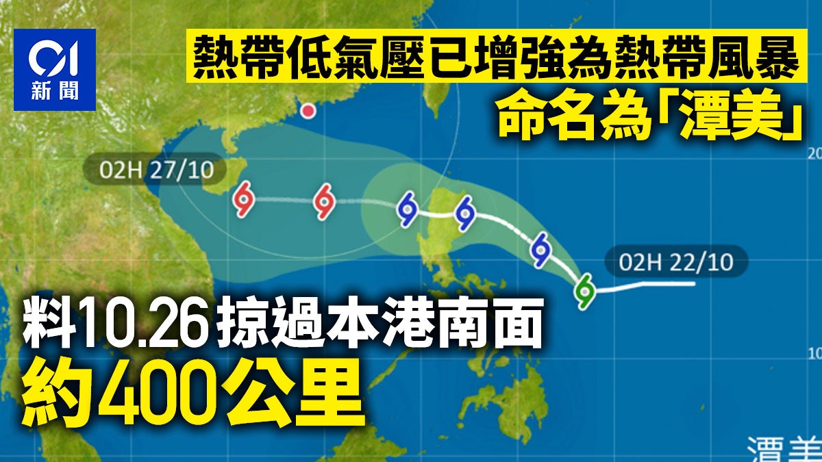 打風|增強熱帶風暴命名潭美 天文台料周六港南面約400公里掠過 打風|增強熱帶風暴命名潭美 天文台料周六港南面約400公里掠過