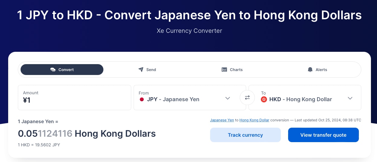 近期日圓持續下趺，昨日（25/10）更趺至5.1算（XE.COM）
