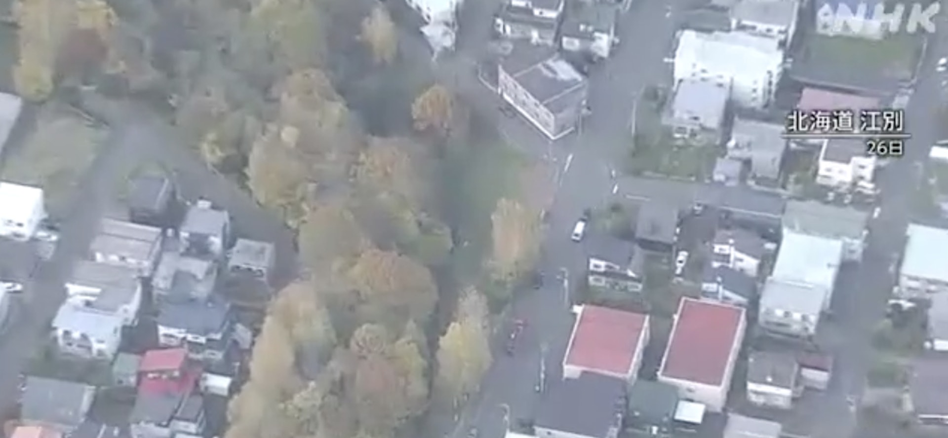 2024年10月26日,日本北海道有一名男大學生赤身裸體陳屍公園內,死者生前曾遭到多人毆打。圖為涉事公園鳥瞰圖。(NHK影片截圖)