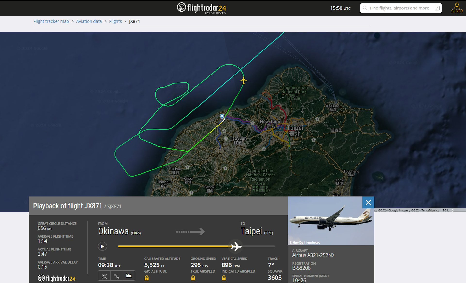JX871航班在桃園機場,第一次嘗試著陸不成功須重飛,第二次則安全降落。(圖片來源:Flightradar24.com) JX871航班在桃園機場,第一次嘗試著陸不成功須重飛,第二次則安全降落。(圖片來源:Flightradar24.com)