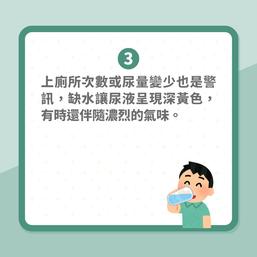 口臭/眼乾/頭暈係缺水徵兆「6個常見身體警號」提醒你係時候飲水（01製圖）