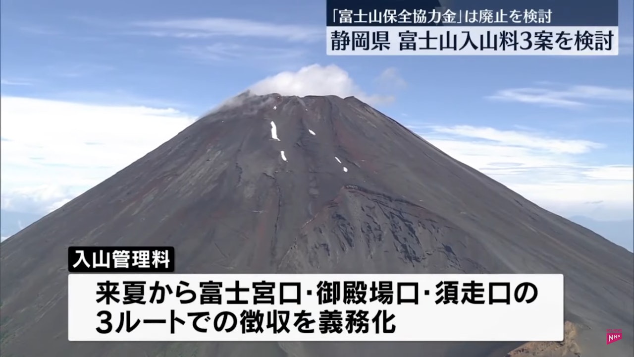 2024年11月19日,日本電視台(日本テレビ)報道,靜岡縣正在考慮收取進入富士山的「入山管理費」。價格根據入山地點不同,由3000日圓到5000圓不等。(YouTube/ @ntv_news) 2024年11月19日,日本電視台(日本テレビ)報道,靜岡縣正在考慮收取進入富士山的「入山管理費」。價格根據入山地點不同,由3000日圓到5000圓不等。(YouTube/ @ntv_news)