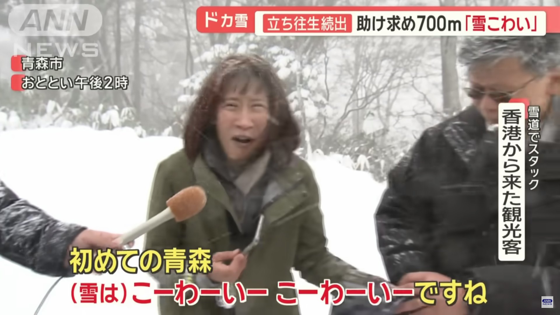 受困的自架遊港人女子受訪時說,是首次到到青森,她以日語形容暴雪「很恐怖、很恐怖」。(全日本新聞網 ANN news) 受困的自架遊港人女子受訪時說,是首次到到青森,她以日語形容暴雪「很恐怖、很恐怖」。(全日本新聞網 ANN news)