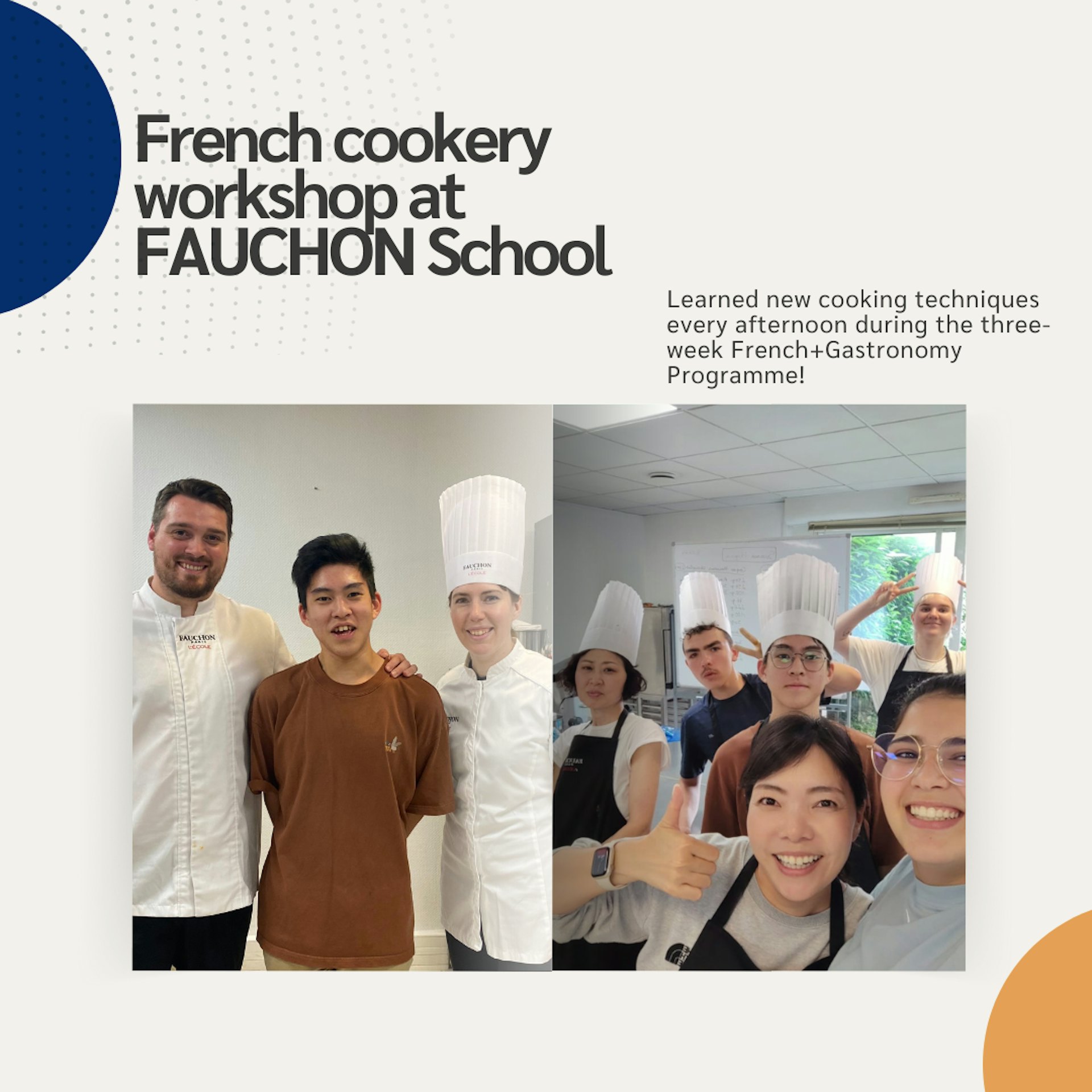 法語+烹飪計劃獎學金剛於2024年設立,全額資助就讀酒店及餐飲的港澳學生赴位於諾曼第魯昂 (Rouen)的Fauchon School 廚藝學院進修一個月期間,與餐飲服務業內人士和大廚交流。 法語+烹飪計劃獎學金剛於2024年設立,全額資助就讀酒店及餐飲的港澳學生赴位於諾曼第魯昂 (Rouen)的Fauchon School 廚藝學院進修一個月期間,與餐飲服務業內人士和大廚交流。