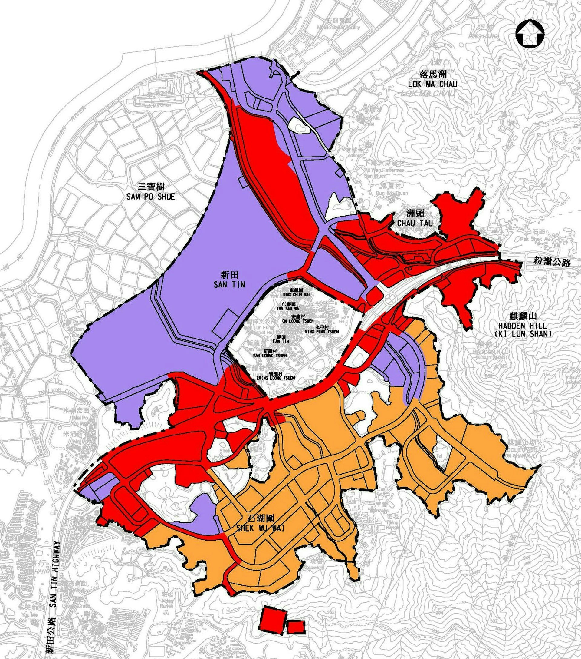 北部都會區|發展局期望今年底前開展新田科技城首階段工程。圖中紅色部分為第一階段發展區域。(發展局圖片) 北部都會區|發展局期望今年底前開展新田科技城首階段工程。圖中紅色部分為第一階段發展區域。(發展局圖片)