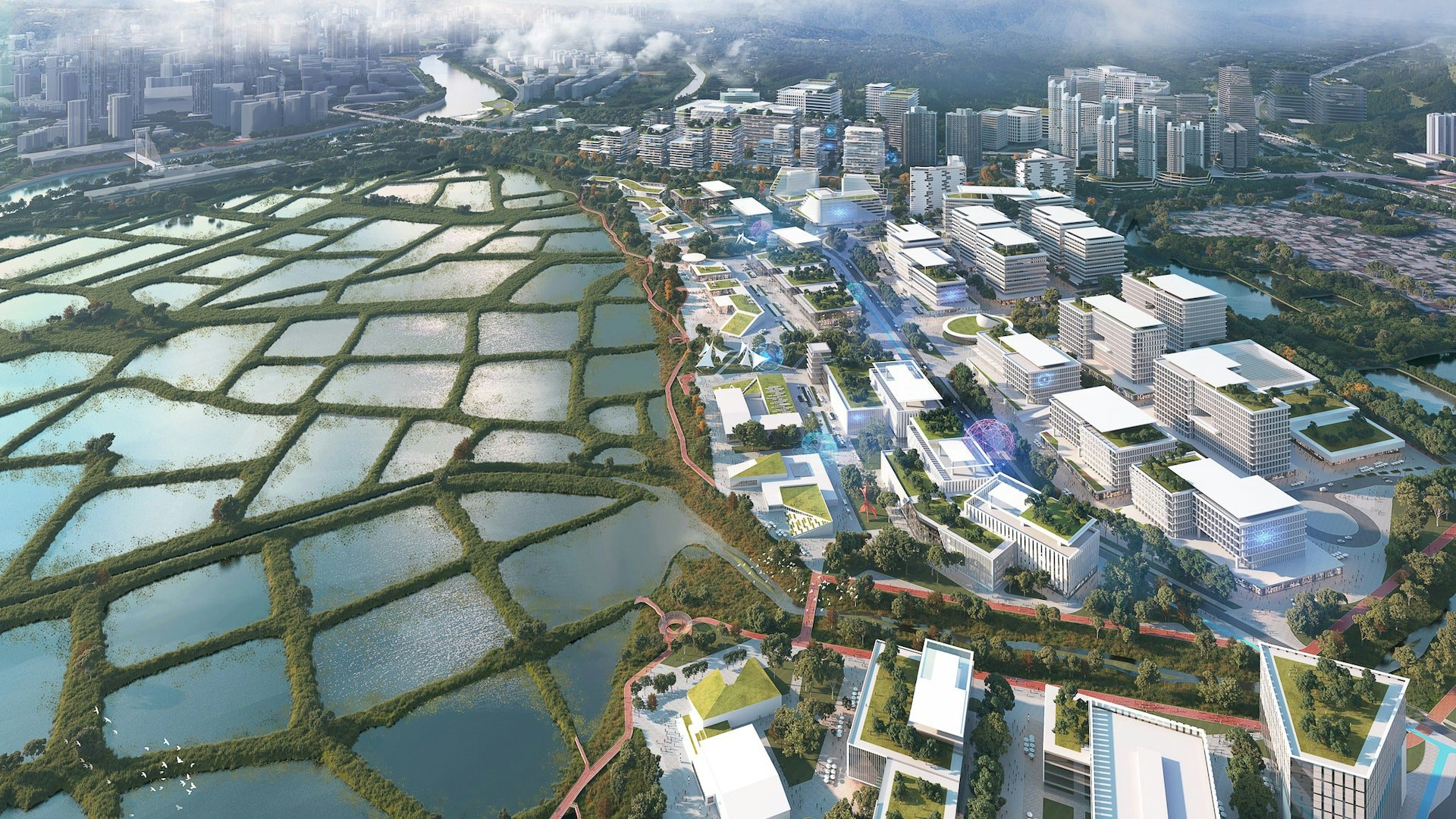 北部都會區|發展局物色三個片區作為「片區開發」試點,圖為洪水橋/厦村新發展區構想圖。(發展局圖片) 北部都會區|發展局物色三個片區作為「片區開發」試點,圖為洪水橋/厦村新發展區構想圖。(發展局圖片)