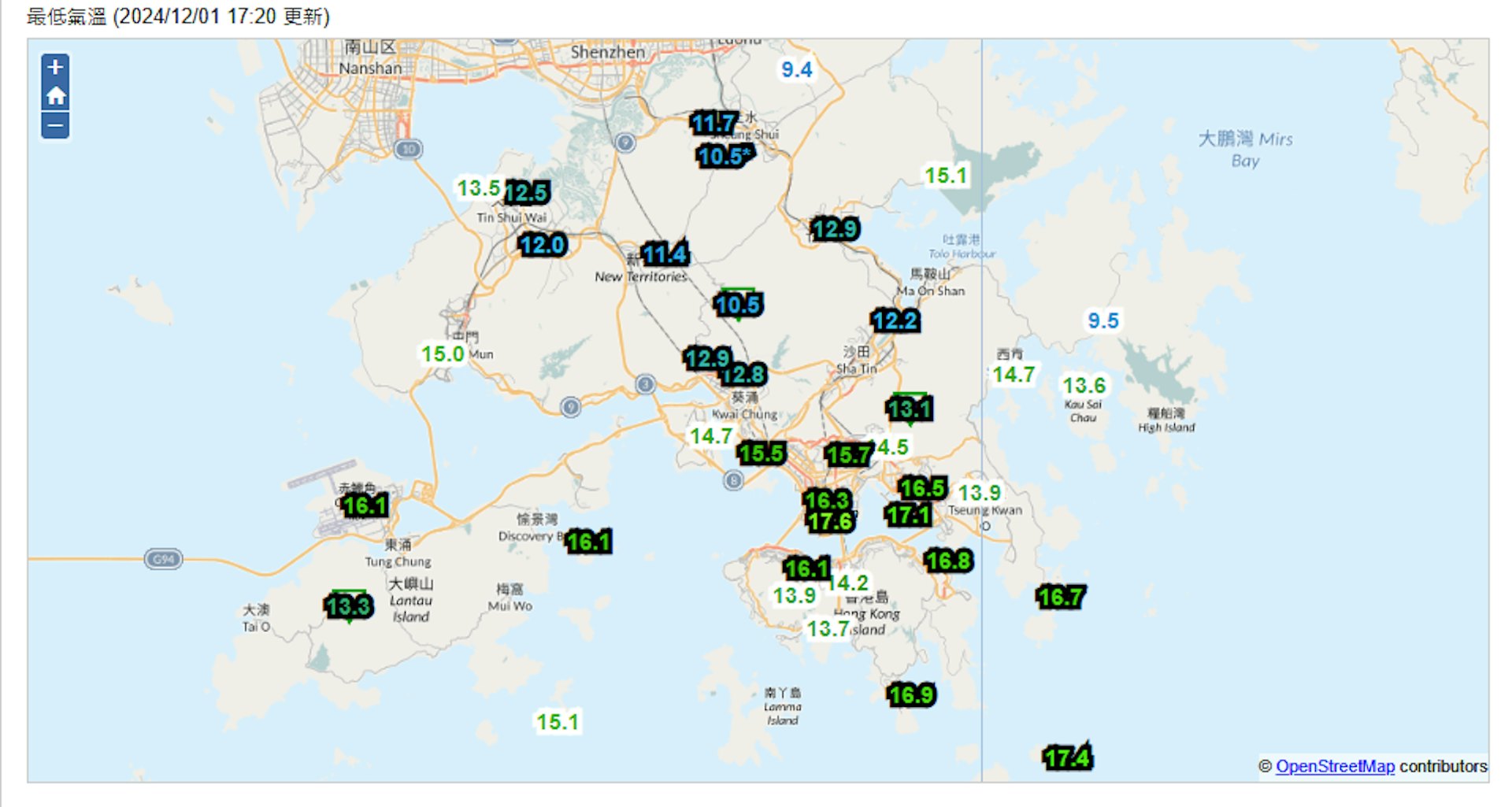 12月1日各區早上錄得的最低氣溫。(天文台圖片) 12月1日各區早上錄得的最低氣溫。(天文台圖片)