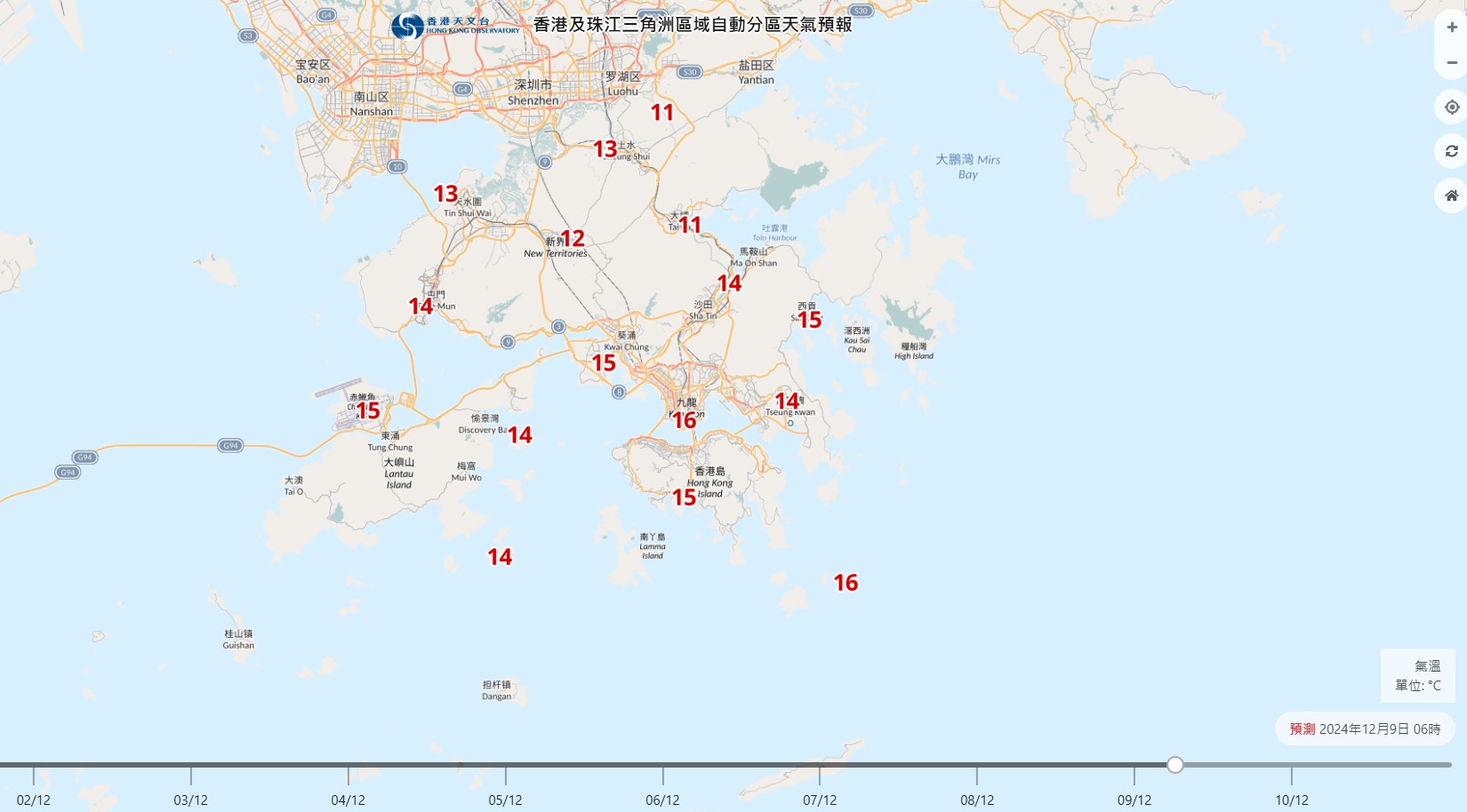 自動分區天氣預報顯示，12月9日清晨新界各區均清涼。（天文台圖片)