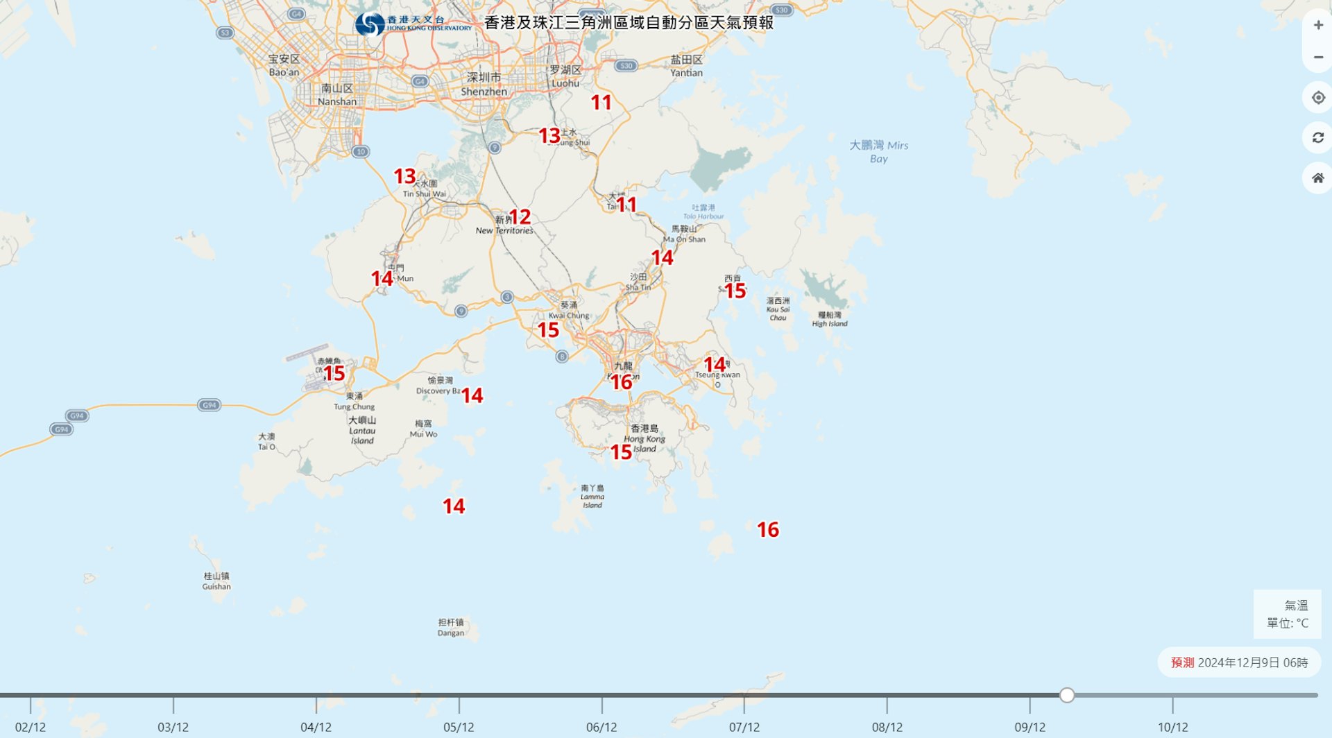 自動分區天氣預報顯示,12月9日清晨新界各區均清涼。(天文台圖片) 自動分區天氣預報顯示,12月9日清晨新界各區均清涼。(天文台圖片)